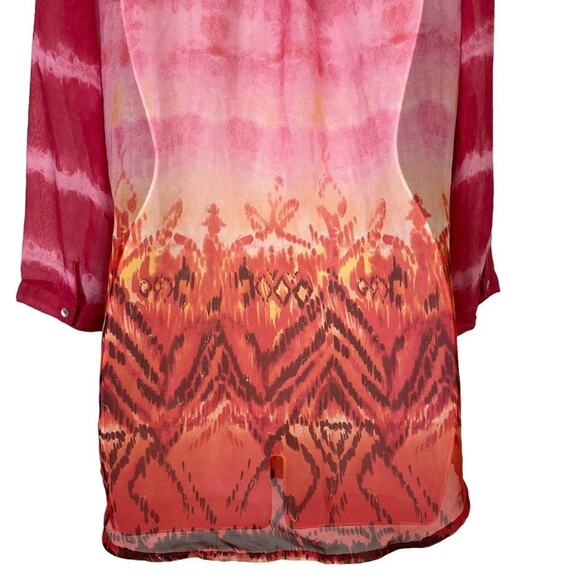 Chicos Pink Orange Button Down Sheer 3/4 Sleeve Long Line Top Shirt Blouse 0/ S - Picture 14 of 15
